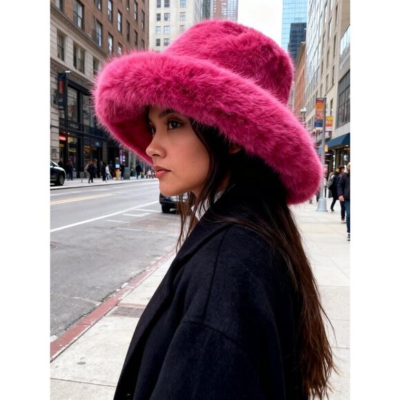 Women\'s Dark Pink Oversized Winter Long Pile Fur Wide Moldable Brim Warmer Cap main image 6